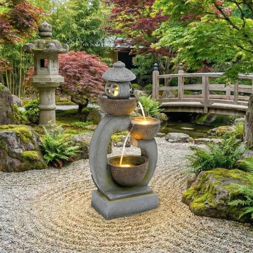 MURUL Fuente de jardín japonesa Zen LED para exteriores, 95 cm, color gris piedra, para terraza, balcón y jardín
