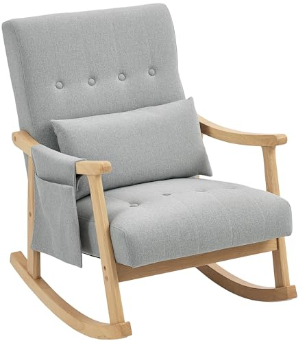 HOMCOM Rocking Chair Accent Arnchair with Lumbar Pillow Light Grey | Upholstered, Solid Wood Legs, Modern, High Back Leisure Rocker, Living Room, Bedroom
