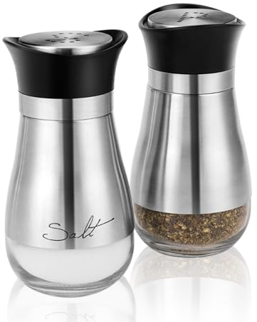 Flexzion Modern Salt and Pepper Shakers Set, Glass Canister Dispenser with Stainless Steel Sleeve and Black Lid for Spices, Sea/Kosher/Himalayan Salts and Pepper - Silver (Set of 2)