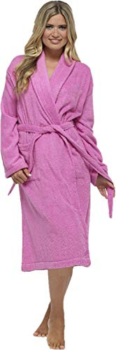 BRANDBUYS Ladies Luxury Terry Towelling Cotton Dressing Gown Bathrobe Highly Absorbent Women Hooded and Shawl Towel Bath Wrap (12-14, Shawl Pink)
