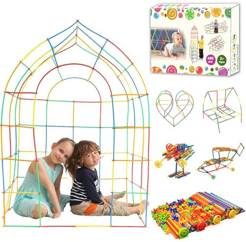SIENIANLINE Costruzione Giocattolo Bambini Kit Gioco Costruzioni Giocattoli Educativi Regalo Natale per Bambini 480 pcs(Include 96 tube, 76·5connettori e 4 ruote)-Riutilizzabile