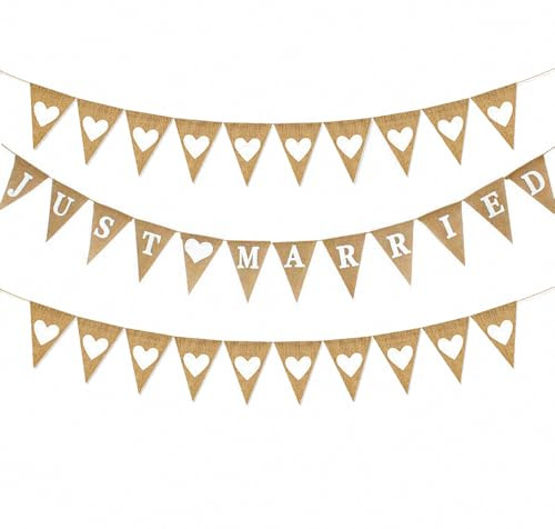 JUST Married Hessian Bunting Banner + White Love Heart Rustic Burlap Banner Romantic Fabric Flags for Wedding Party Decoration Hanging Garlands Bridal Shower Engagement (Set 3)