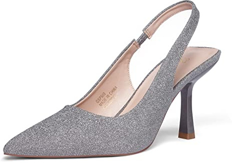 GENSHUO Damen Grau Glitzer High Heel Slingpumps Spitz Stiletto Pumps Slingback High Heels 8CM/3,15 Zoll Slip-on Stöckelschuhe für Party Hochzeit Abschlussfeier Absatzschuhe mit Pfennigabsatz 40EU