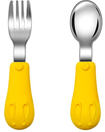Jmbabe Toddler Fork and Spoon, Stainless Steel Baby Utensils Cutlery Set, Stainless Steel Self Feeding Spoon and Fork, Children Flatware Weaning and Learning to Use