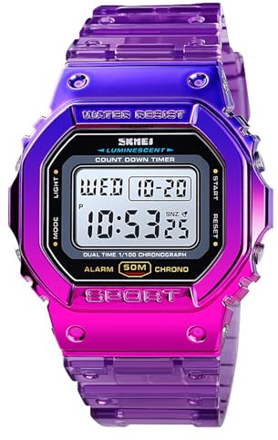 Gosasa Outdoor Sport Unisex Watches LED Light Digital Watches Transparent Multifunctional Wristwatch for Men and Women Casual Style Stopwatch Date 5Bar Waterproof, Purple, Sport