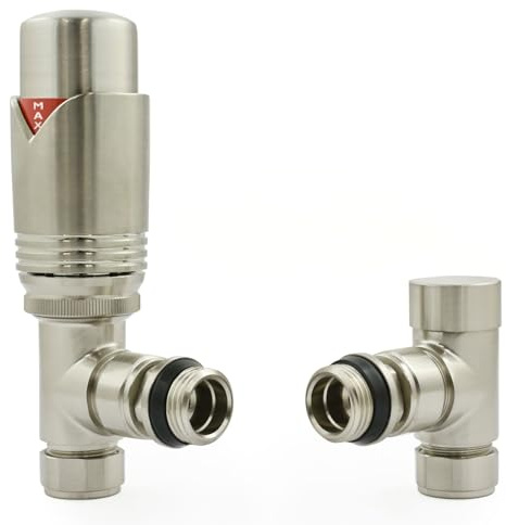 Hot Flow Satin Nickel Marella Modern Thermostatic Radiator Valve Angled TRV. Includes Angled TRV Body, Wheel Head & Lock Shield for Quick & Easy Temperature Control.