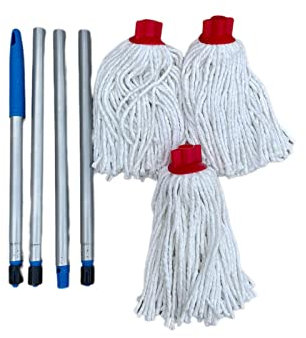 Cabezales de Fregona de Algodón con Palo • Pack de Ahorro 3 Cabezales y 1 Palo • Cabeza Repuesto Fregona
