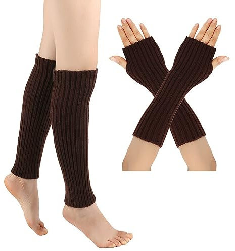 Ensemble de jambières et de manchons longs pour femme - Tricot d'hiver - Chaussettes de jambes - Chauffe-jambes - Mitaines sans doigts - Chauffe-mains - Jambes et bras chauds - Pour la danse du yoga