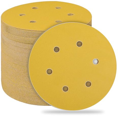 STEBRUAM Kardborreband, slippapper, set 150 mm, 6 hål, 220 korn slipblad, slipskivor för excenterslip, blandat korn för trä, metall och färg 50 stycken gul