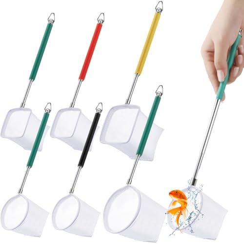 JaGely 6 Pcs Aquarium Fish Net with Extendable Stainless Steel Handle, Adjustable Fish Tank Shrimp Net, Circle and Square Brine Shrimp Net for Aquarium, Pond, 5 Colors