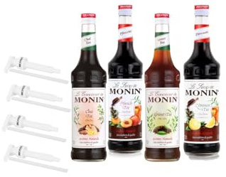 Monin Tea - Tee Probierpaket (4 x 0,7l) - inkl. 4 Pumpen für aromatische Teegetränke mit Chai - Grüntee - Pfirsich und Zitrone