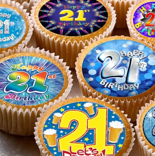 24 edible 21st birthday blue party decorations Cupcake Cake Toppers Wafer Rice Paper and precut