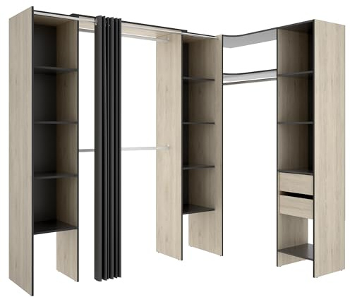 DEKIT GRUPO RIMOBEL SUIT - Composizione di Cabina Armadio angolare con due colonne, zona con barre appendiabiti e tenda – Rovere Naturale/Grafite – 205 x 184-234 x 141 cm