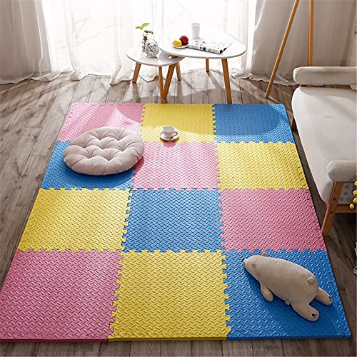Ineinandergreifende Fußmatten für Kinder, 23,62 x 23,62 x 0,39 Zoll, Spielmatte, rutschfest, wasserdicht, weiche Schaumstoff-Puzzlematte für Zuhause, Wohnzimmer, Dekoration, Rosa + Blau + Ge