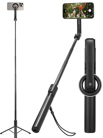 Spigen S580W (MagFit) Selfie Stick Tripod Stand with Bluetooth Remote Control Shutter 24 Extendable Holder Compatible with MagSafe iPhone 16/15/14/13/12 Pixel 10/Pro/Pro XL/Fold & More - Black