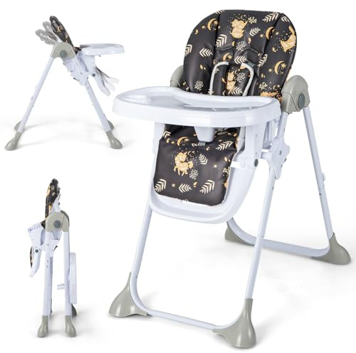 GYMAX Seggiolone per Bambini, Pieghevole con Vassoio Rimovibile, Schienale Ergonomico Regolabile, Imbracatura a 5 Punti e Rotelle, per 6-36 Mesi, Carico 15 kg (Marrone)