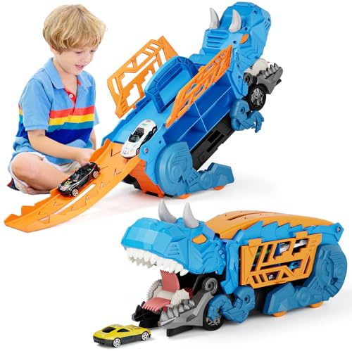 Shawe Dinosaurier Transporter Truck Auto Spielzeug ab 3 4 5 6 Jahre mit 6 Die-Cast-Fahrzeugen, Autorennbahn Aufbewahrung Verschlucken Transformierbar Spielzeugautos Geschenk für Jungen Mädchen Kinder