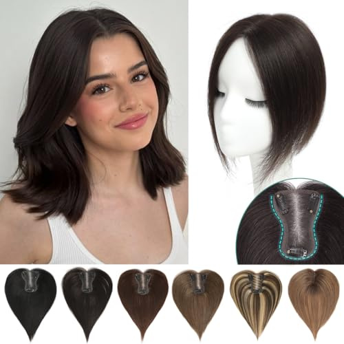 Parrucchino con base svizzera per cuoio capelluto diradato, capelli umani naturali per donne, 25,4 cm, marrone scuro
