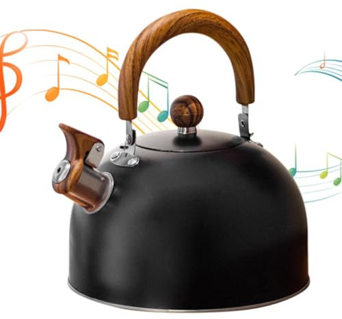 Bouilloire sifflante noire – Bouilloire sifflante sur la cuisinière, théière sifflante, bouilloire en acier inoxydable 3 L | Bouilloire sur cuisinière, bouilloire à thé avec poignée et bouton à une to