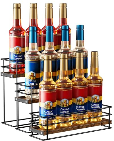 Nuovoware Coffee Syrup Organizer, 3-Tier 12 Bottles Bar Organizer, Separable Metal Rack with Wooden Base Whiskey Wine Dressing for Countertop Kitchen Coffee Bar, Black