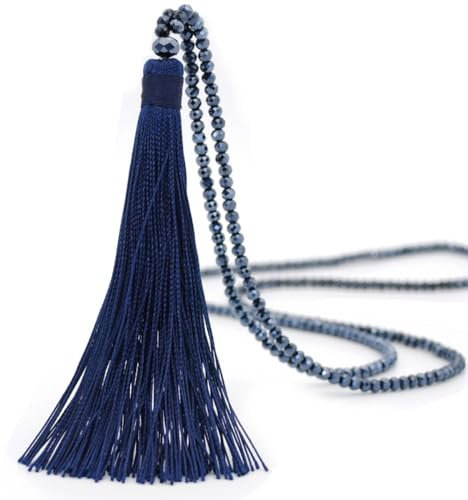 Whakano Böhmen Perlen Ketten,Vintage Lang Damen-Halskette Mit Quaste,Perlen Anhänger,Beads Ketten,Pullover Kette Halsschmuck,Elegant Perlenkette Schmuck für Damen Frauen,Dunkelblau