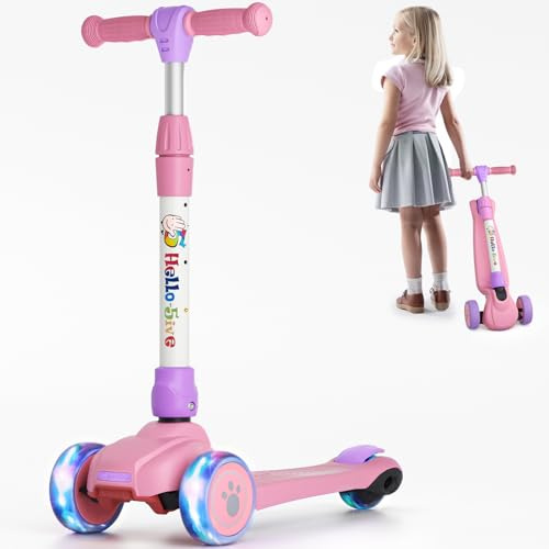 3 Wheel Kids Scooter Age 3-6, Foldable Toddler Scooter with Flashing Light-Up Wheels, 4 Level Height Adjustable Lean to Steer Lightweight Kick Scooter for Boys Girls (Pink&Purple)