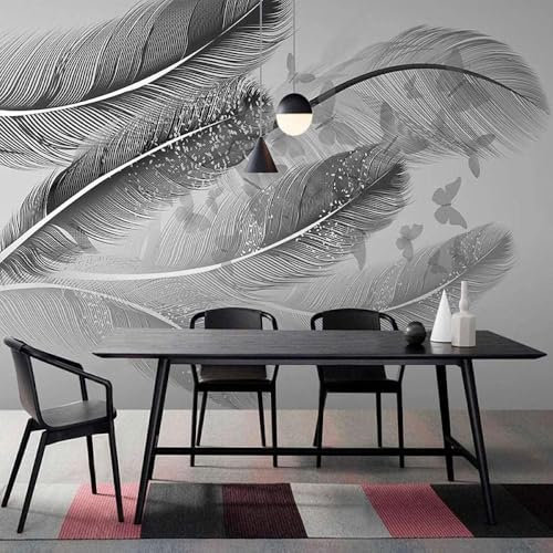 XLMING Schwarze Weiße Und Graue Federn Schmetterling 3D Dekorative Tapete Speisesaal Arbeitszimmer Wohnzimmer Schlafzimmer Sofa TV Wand-300cm×210cm