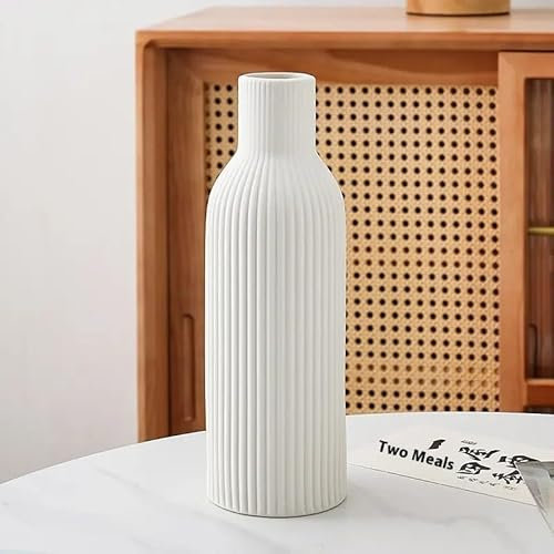 Ribbed White Ceramic Vase - Decorative Flower Vase for Pampas Grass - White vases For Home Living Room & Boho Home Decor - Table Dining (white)