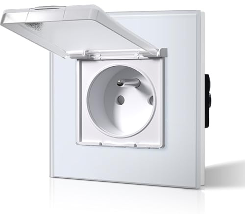 BSEED Prise Murale Etanche, Prise de Courant Encastrable En Verre, 16 Amp 240V Alternatif, Commutateur avec couvercle étanche Convient pour la salle de bains, la cuisine et l'extérieur, 86MM Blanc