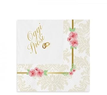 TOVAGLIOLI in carta BIANCHI con stampa roselline rosa e stampa OGGI SPOSI e fedi - Oro Satinato - 20 pezzi - tovagliolo da dolce, aperitivo - 33x33cm - per feste, matrimonio, anniversario, nozze