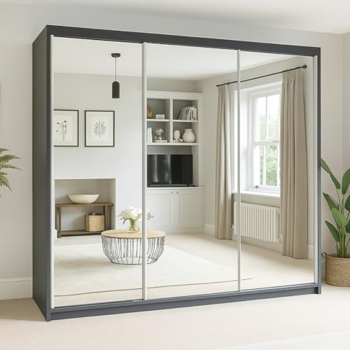 ALASKA Sliding Mirror Wardrobe, 2-3 Doors, Multiple Sizes & 6 Colours Available 120/150cm/180cm/203cm/250cm White-Black-Grey-Walnut-Wenge-Oak (Grey, 250cm)
