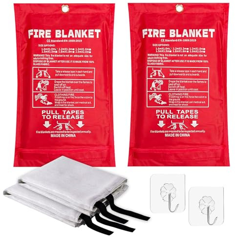 2 coperte antincendio da cucina – 1 m x 1 m – Conforme alla norma EN 1869:2019, coperta antincendio in fibra di vetro, adatta per incendi grassi in camini, barbecue, uffici, automobili, scuole e molto