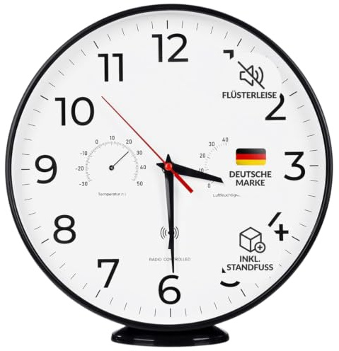 LATENO - Funkwanduhr Schwarz - zum Aufstellen oder Aufhängen - 30 cm - misst Temperatur und Luftfeuchtigkeit - Funkgesteuert - Wanduhr - Batteriebetrieben - Funkuhr - Küchenuhr Funk - Wanduhr Funk