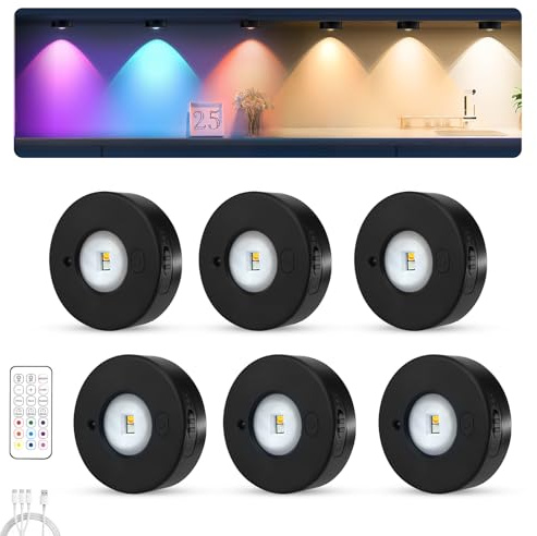 MERTTURM Eclairage D'armoire, Sans Fil LED Rechargeable Aimantée, 3 Températures de Couleur + 9 RGB Lumiere LED Vitrine, Dimmable Lampe de Placard pour Vitrine, Armoire, Cuisine[6 PCS]