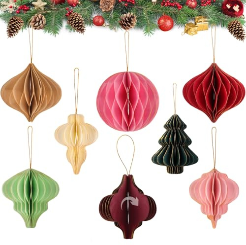 Weihnachten Deko, 8 Stück 3D Mini Weihnachts Papier Ornamente mit Glitzerrand, papiersterne zum aufhängen Hängende Ornamente Deko für Weihnachtsbaumdekoration,Neujahrsdekoration (Retro-Stil1)
