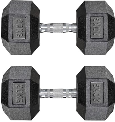manubri esSet di 2 Manubri da 10/15/20/25/30 kg Esagonali, Coppia di Pesi per Palestra con Presa Antiscivolo e Rivestimento in Gomma (2 x 20 kg - Nero)