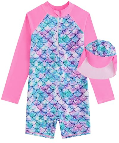 JiAmy Traje de baño de una pieza para niñas, traje de baño de manga larga con cremallera, protección solar UV, traje de baño de sirena con gorro de natación para niñas de 4 a 12 años, rosa (b), 4-5