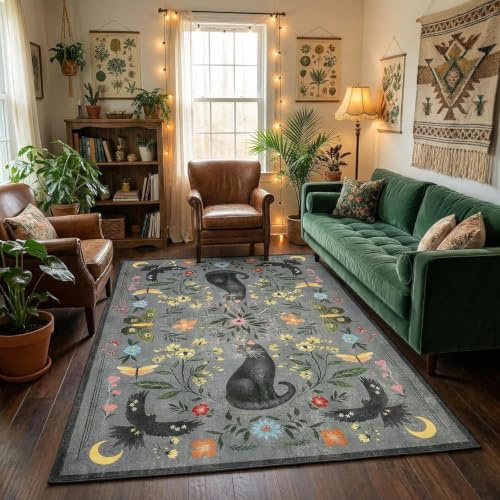 FairyStyle 160x230 cm Washable Cat Area Rug Grey Low Pile for Living Room