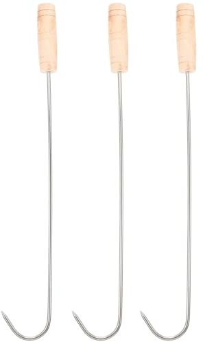 Zerodeko Set 3 Ganci per Carne in Acciaio Inox Manico in Legno, Ganci da BBQ per Girare e Afferrrare Carne e Pesce, Utensili per Barbecue da Picnic e Cucina Professionale