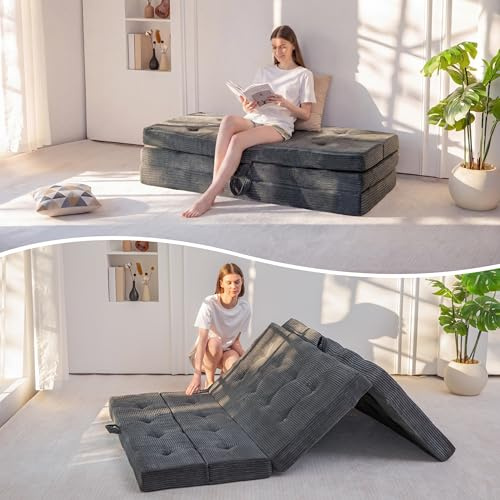 MAXYOYO Folding Mattress Double, Comfy Foldable Sofa Couch Bed, Guest Mattress with Handles Floor Futon Sofa Bed for Guest, Foldable Topper for Camping