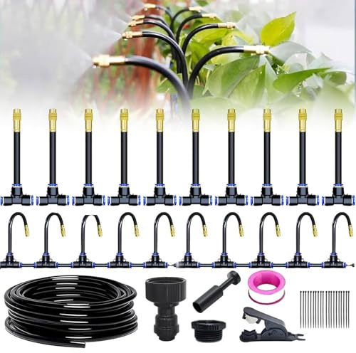 Kit Irrigazione a Nebbia 360°, Sistema di Annaffiatura Regolabile per Giardino, Balcone, Terrazzo e Serra, Nebulizzatore in Ottone Multifunzione per Raffreddamento Estivo e Umidificazione Piante (10m)