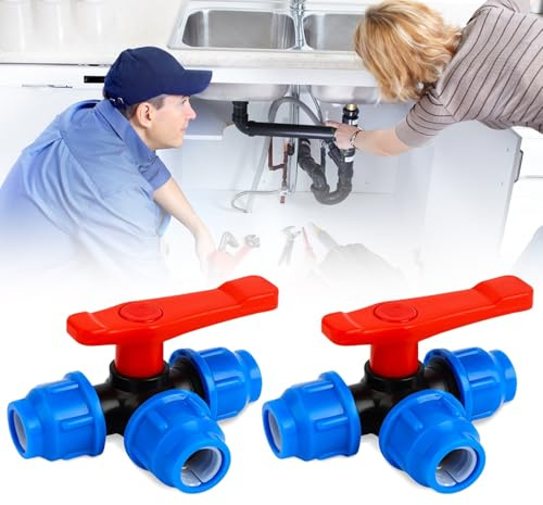 3-Wege PP-Fitting, 2 Stück PE-Rohr-3-Wege-Kugelhahn, 20mm PE Drei-Wege-Kugelhahn-Rohr, Kunststoffventil-Kugelhahn, T-Typ PE-Wasser-Rohr-Splitte-Verbindungsventil für Außenbereiche wie Gärten