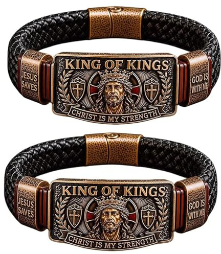 King of Kings Faith Bracelet - Adjustable Christian Wristband Gift, Christian Leather Bracelet with Jesus Christ Engraving, Christians Gift for Men Husband Dad