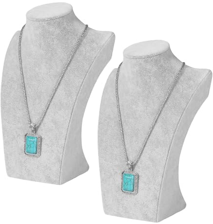 Flexzion sammet 3D-halsband smycken display byststativ [2-pack] – 3-dimensionellt fristående hängekedja kragar medaljong hållare förvaring organiseringsfigur, 24 cm (grå) | Smyckesskyltdocka för hängen, kedjor och kragar; fristående för butiker, detaljhandelsdiskar och mässor