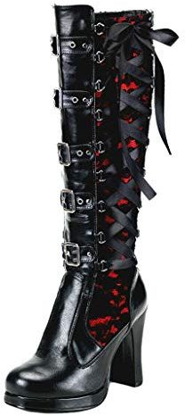 SoonerQuicker Kniehohe Stiefel Frauen High Heels Blockabsatz Plateau Stiefel Leder Schnürstiefel Steampunk Gothic Vintage Cosplay, rot, 39 EU