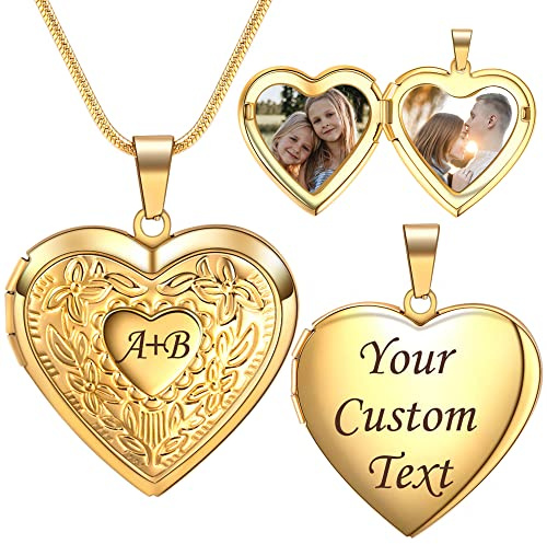 Farfume Personalisierte Foto-Medaillon-Halskette – Herz Medaillon mit Gravur Text und 2 Zwei Fotos – Kette mit Bild （Floral-Golden）