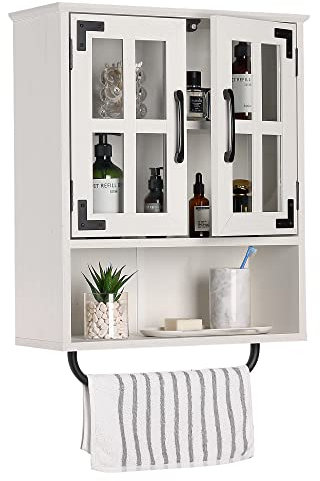 RUSTOWN Wandschrank aus Holz mit Kreuzglastüren, Bauernhaus-Wandmontage, 3 Etagen, rustikaler Schrank mit verstellbaren Regalen und Handtuchstange, für Badezimmer, Wohnzimmer, Vintage-Weiß