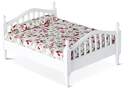 WANGCL Lettino per bambole 1/12 in miniatura letto matrimoniale in legno per bambole Barbie decorazione letto per bambole - motivo floreale