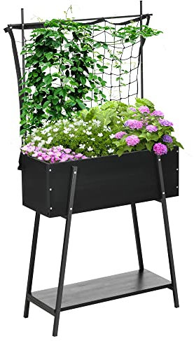 Outsunny Jardinière sur Pieds avec étagère inférieure et Treillis Filet pour Plantes et Fleurs - dim. 89L x 34l x 168H cm - Bois et métal - Noir