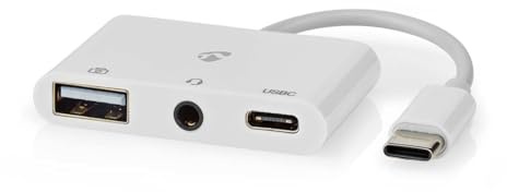 NEDIS Adaptateur Multi-Ports USB | USB 2.0 | USB-C™ Mâle | USB-A Femelle/USB-C™ Femelle / 3.5 mm Femelle | 480 Mbps | 0.10 m | Rond | Plaqué Nickel | PVC | Blanc | Boîte